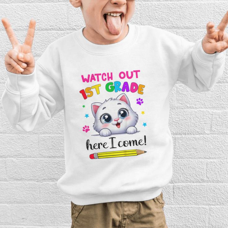 Kids Watch Out 1st Grade Here I Come Girls Cat Back To School Graphic Kid Sweatshirt