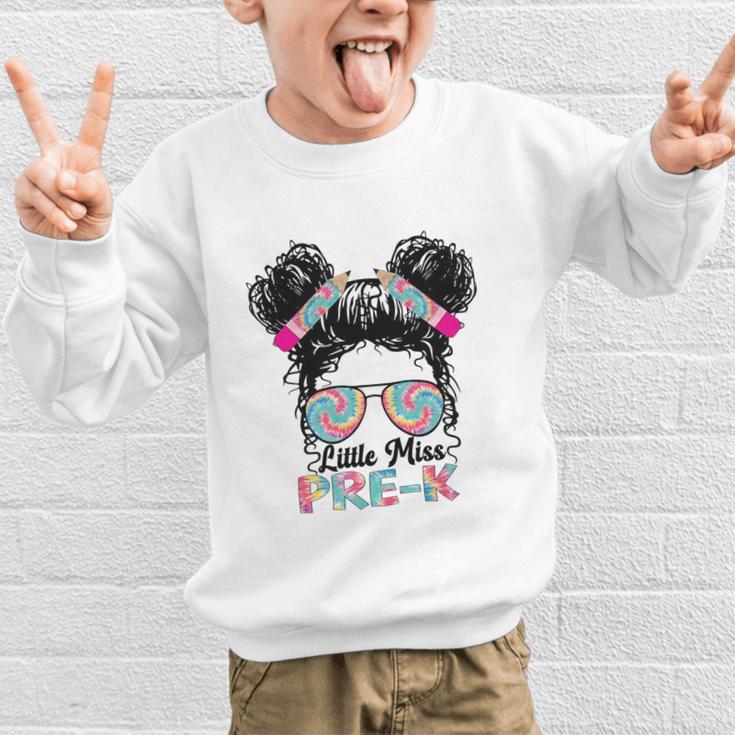 Little Miss Pre-K Girls Back To School Messy Bun Performance Graphic Kid Sweatshirt