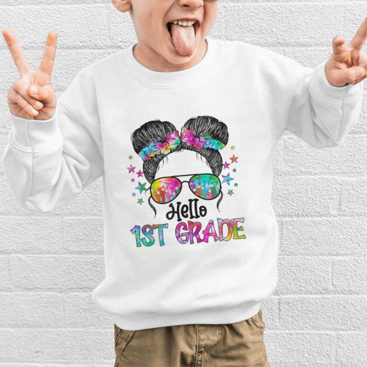 Messy Hair Bun Girl Back To School First Day Hello 1st Grade Graphic Kid Sweatshirt