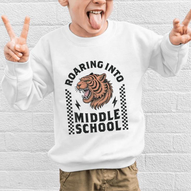 Roaring Into Middle School Tiger Back To School Boy Girl Kid Graphic Kid Sweatshirt Roaring Into Middle School Tiger Back To School Boy Girl Kid Graphic Kid Sweatshirt