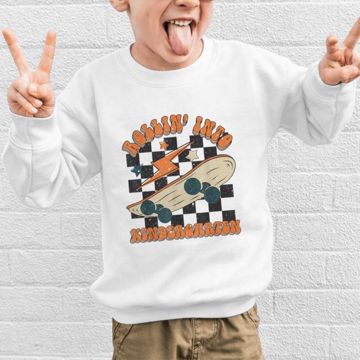 Rolling Into Kindergarten Retro Groovy Back To School Kids Graphic Kid Sweatshirt