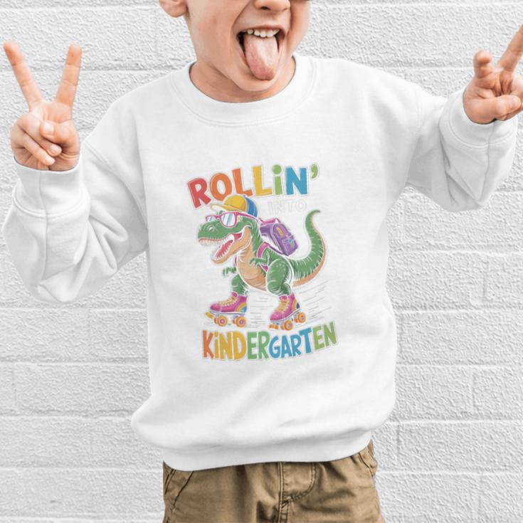 T Rex Rollin Into Kindergarten Back To School First Day Boys Graphic Kid Sweatshirt T Rex Rollin Into Kindergarten Back To School First Day Boys Graphic Kid Sweatshirt