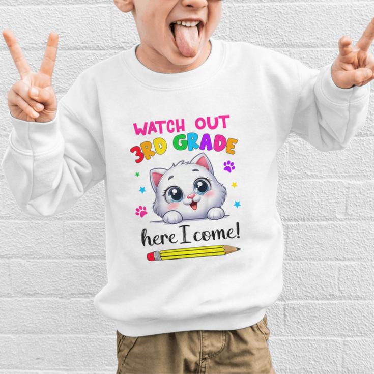 Watch Out 3rd Grade Here I Come Girls Cat Back To School Graphic Kid Sweatshirt