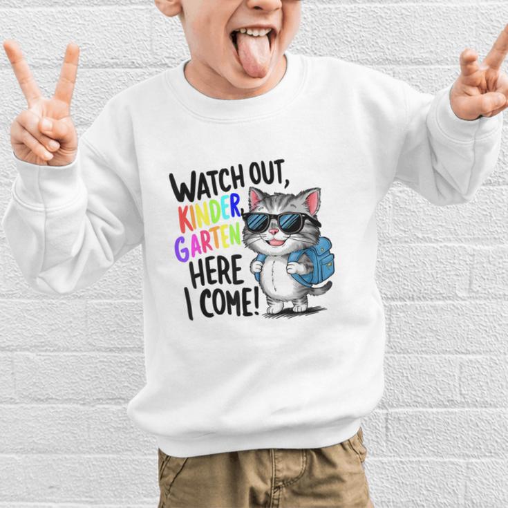 Watch Out Kindergarten Here I Come Cute Cat Back To School Graphic Kid Sweatshirt Watch Out Kindergarten Here I Come Cute Cat Back To School Graphic Kid Sweatshirt