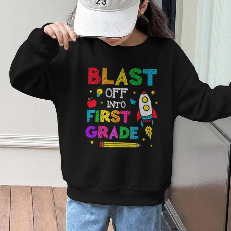 Blast Off Into First Grade Squad First Day Back To School Graphic Kid Sweatshirt Blast Off Into First Grade Squad First Day Back To School Graphic Kid Sweatshirt