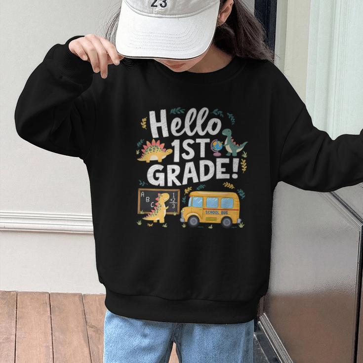 Cute Hello 1st Grade Dinosaur School Back To School Dino Bus Graphic Kid Sweatshirt Cute Hello 1st Grade Dinosaur School Back To School Dino Bus Graphic Kid Sweatshirt