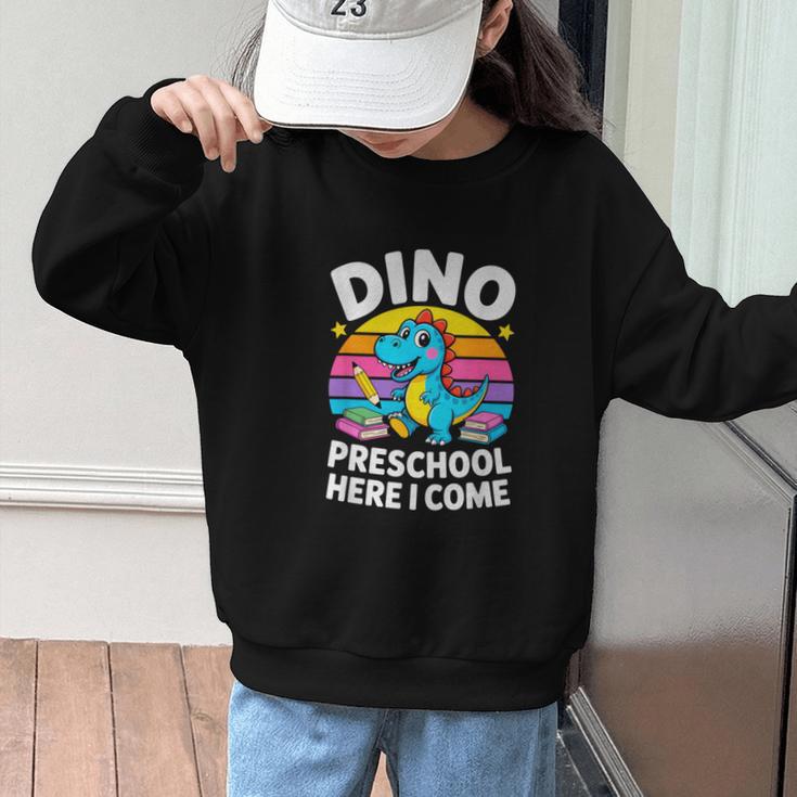 Dino Preschool Here I Come Cute Back To School Graphic Kid Sweatshirt Dino Preschool Here I Come Cute Back To School Graphic Kid Sweatshirt