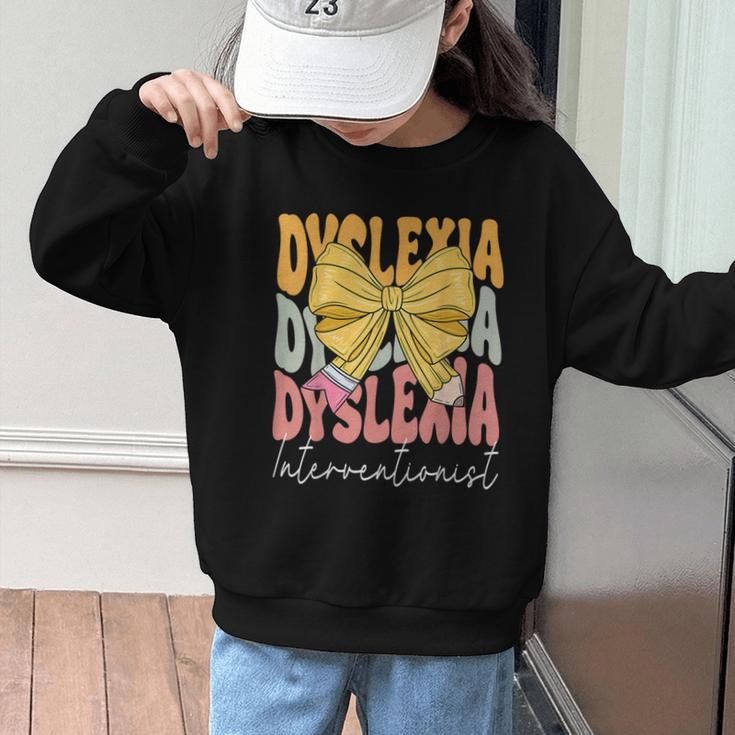 Dyslexia Interventionist Groovy Coquette Bow Back To School Graphic Kid Sweatshirt