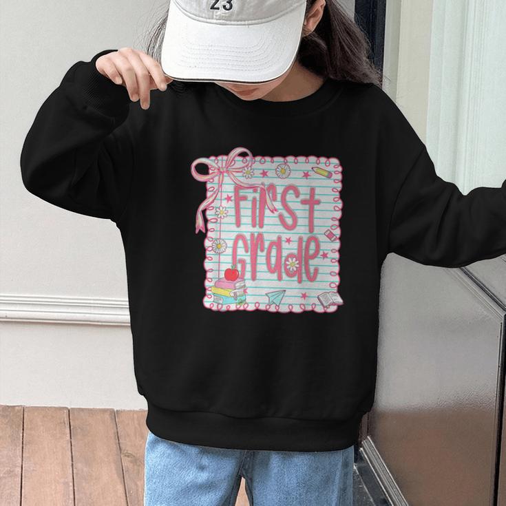 First Grade Coquette Bow Pink Preppy Back To School Girls Graphic Kid Sweatshirt First Grade Coquette Bow Pink Preppy Back To School Girls Graphic Kid Sweatshirt