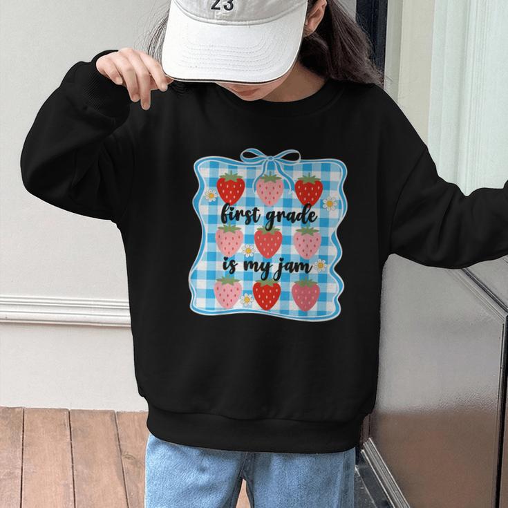 First Grade Is My Jam Strawberry 1st Grade Back To School Graphic Kid Sweatshirt First Grade Is My Jam Strawberry 1st Grade Back To School Graphic Kid Sweatshirt
