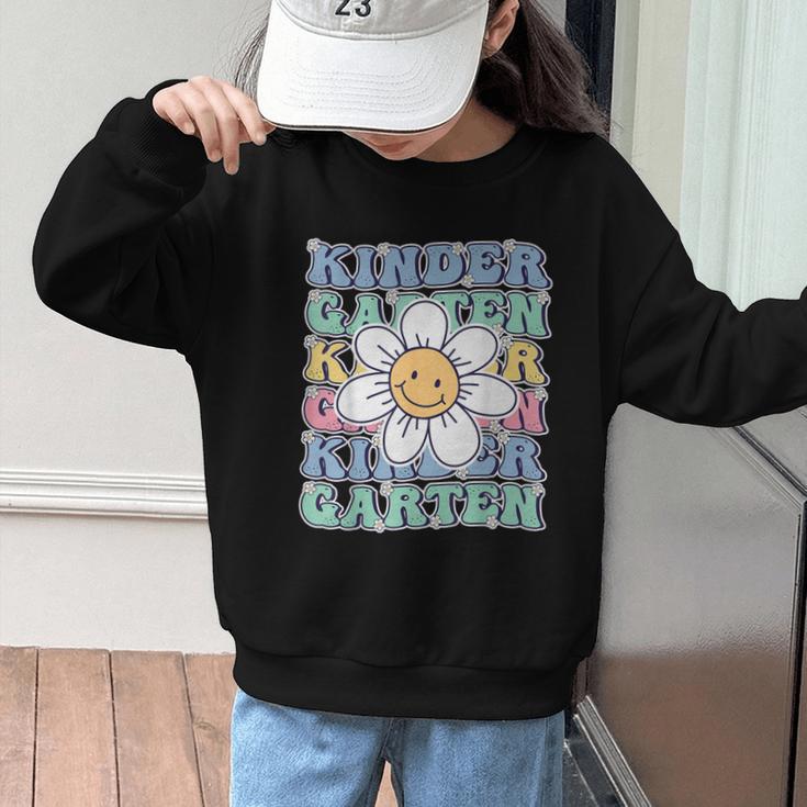 Groovy Kindergarten Back To School First Day Of Kindergarten Graphic Kid Sweatshirt Groovy Kindergarten Back To School First Day Of Kindergarten Graphic Kid Sweatshirt