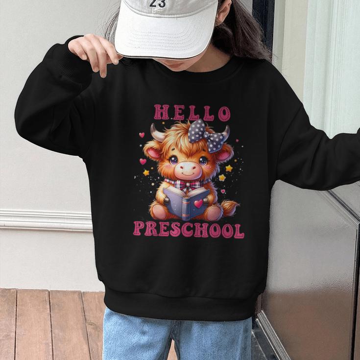 Hello Preschool Cute Highland Cow Lover Back To School Graphic Kid Sweatshirt Hello Preschool Cute Highland Cow Lover Back To School Graphic Kid Sweatshirt