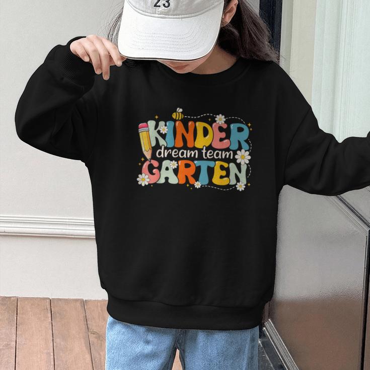 Kindergarten Dream Team Groovy Retro Children Back To School Graphic Kid Sweatshirt Kindergarten Dream Team Groovy Retro Children Back To School Graphic Kid Sweatshirt