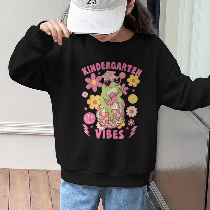 Kindergarten Vibes Groovy Kindergarten Back To School Frog Graphic Kid Sweatshirt Kindergarten Vibes Groovy Kindergarten Back To School Frog Graphic Kid Sweatshirt