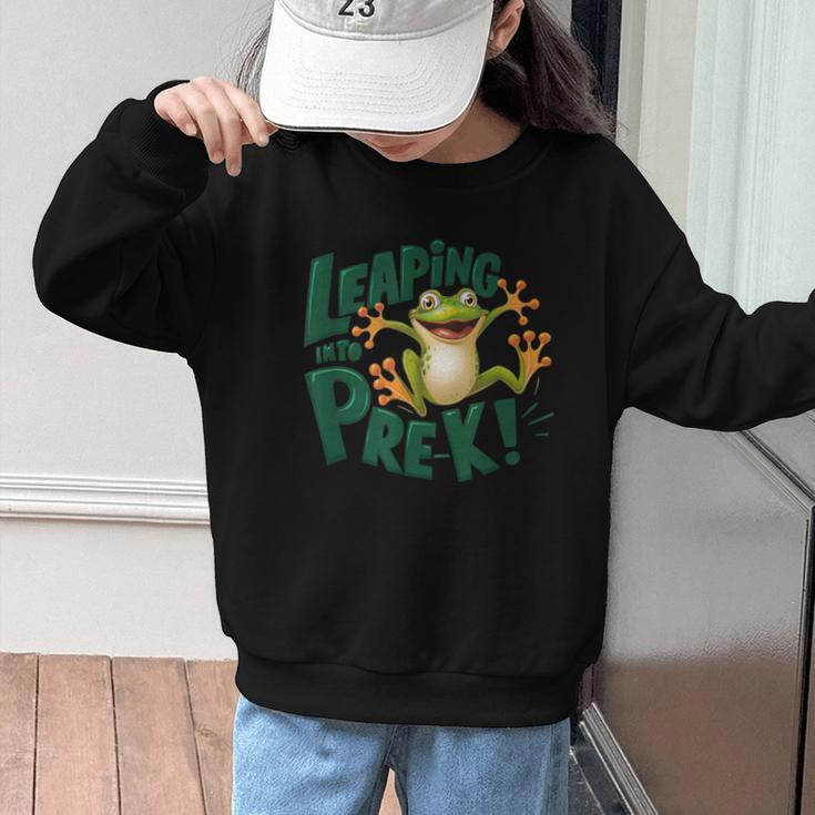 Leaping Into Pre-K Jumping Tree Frog Back To School Fun Graphic Kid Sweatshirt Leaping Into Pre-K Jumping Tree Frog Back To School Fun Graphic Kid Sweatshirt