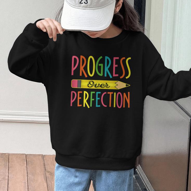 Motivational Quotes Back To School Progress Over Perfection Graphic Kid Sweatshirt Motivational Quotes Back To School Progress Over Perfection Graphic Kid Sweatshirt