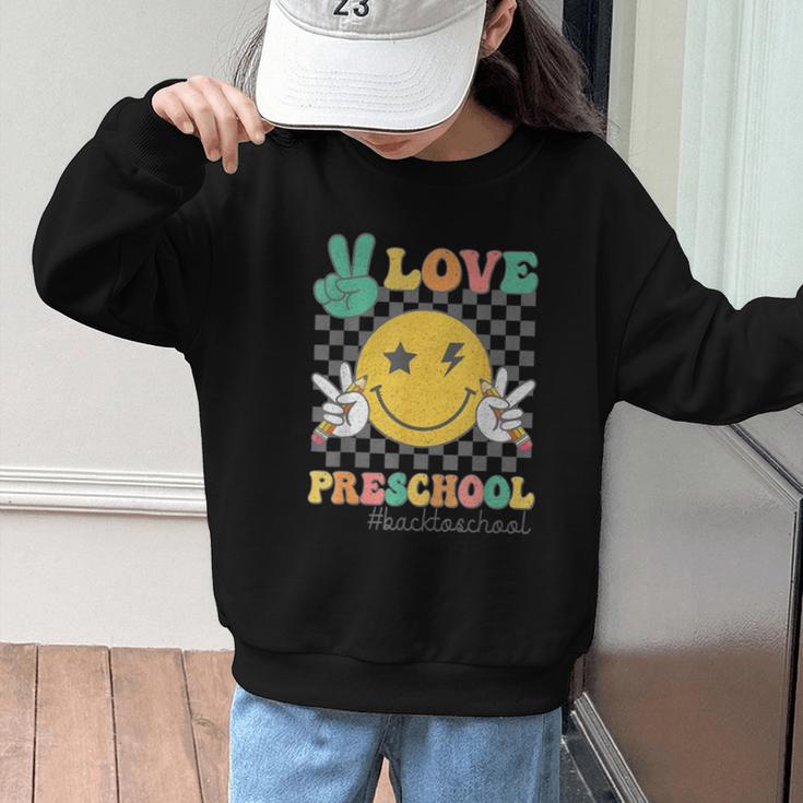 Peace Love Preschool Smile Face Back To School PRESCHOOL Graphic Kid Sweatshirt Peace Love Preschool Smile Face Back To School PRESCHOOL Graphic Kid Sweatshirt
