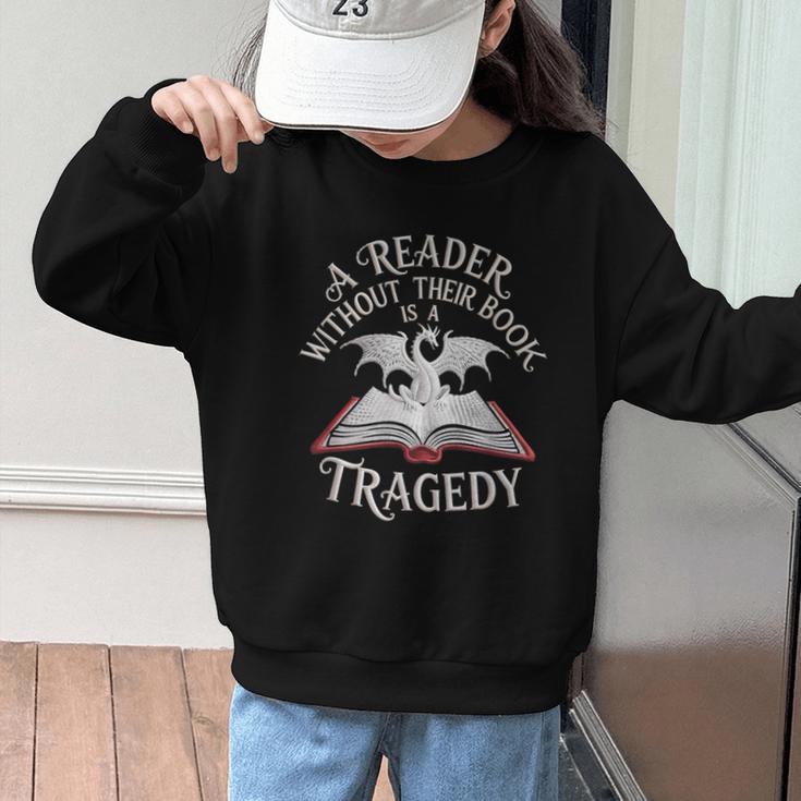 A Reader Without Their Book Is a Tragedy Back To School Graphic Kid Sweatshirt A Reader Without Their Book Is a Tragedy Back To School Graphic Kid Sweatshirt
