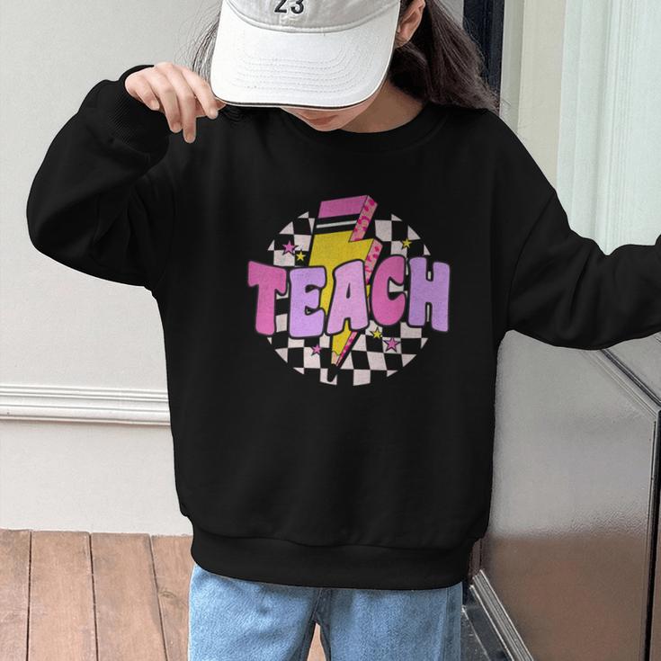 Retro Checkered Teach Pencil Lightning Back To School Graphic Kid Sweatshirt Retro Checkered Teach Pencil Lightning Back To School Graphic Kid Sweatshirt