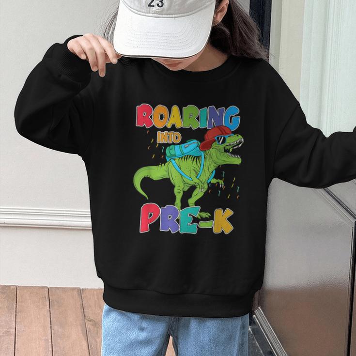Roaring Into Pre-K Preschool Dinosaur Back To School Graphic Kid Sweatshirt Roaring Into Pre-K Preschool Dinosaur Back To School Graphic Kid Sweatshirt