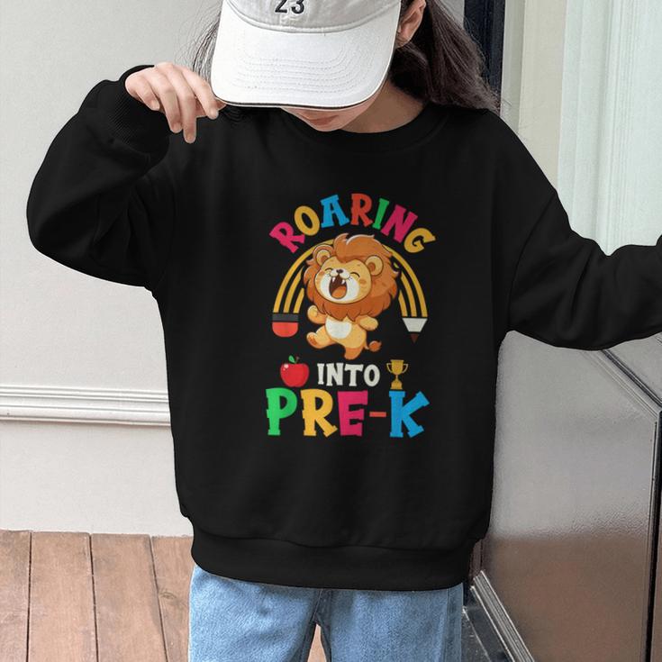 Roaring Into Pre-Kindergarten Lion Pre K Back To School Graphic Kid Sweatshirt Roaring Into Pre-Kindergarten Lion Pre K Back To School Graphic Kid Sweatshirt