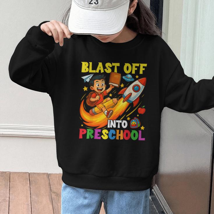Rocket Blast Off Into Preschool Back To School Graphic Kid Sweatshirt Rocket Blast Off Into Preschool Back To School Graphic Kid Sweatshirt