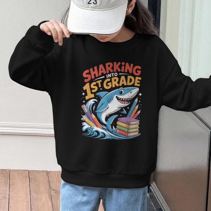 Sharking Into 1st Grade Back To School Shark Graphic Kid Sweatshirt