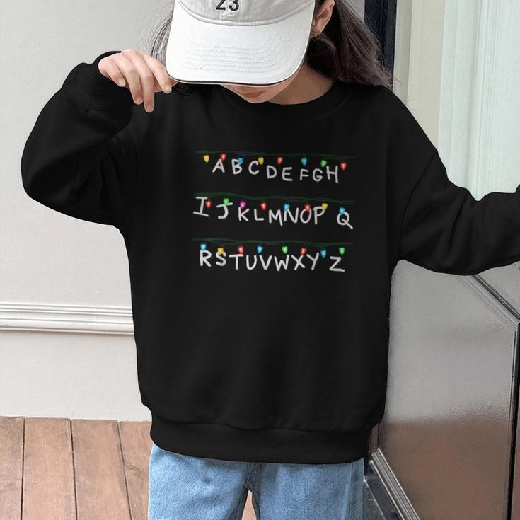 Stranger Wall Alphabet Lights Spooky Back To School Graphic Kid Sweatshirt Stranger Wall Alphabet Lights Spooky Back To School Graphic Kid Sweatshirt