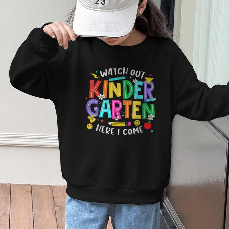 Watch Out Kindergarten Here I Come Kinder Back To School Kid Graphic Kid Sweatshirt Watch Out Kindergarten Here I Come Kinder Back To School Kid Graphic Kid Sweatshirt