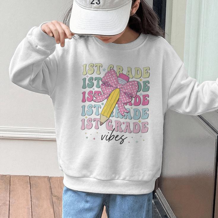 1st Grade Vibes Girl Coquette Bow First Grade Back To School Graphic Kid Sweatshirt 1st Grade Vibes Girl Coquette Bow First Grade Back To School Graphic Kid Sweatshirt