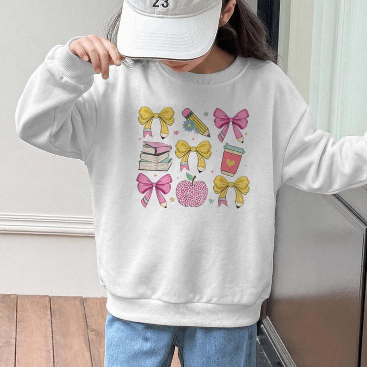Apple Coquette Bow Books First Day Of School Back To School Graphic Kid Sweatshirt Apple Coquette Bow Books First Day Of School Back To School Graphic Kid Sweatshirt