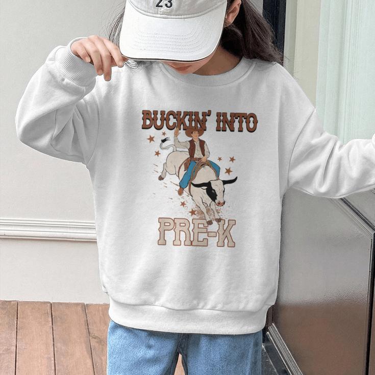 Buckin' Into Pre-K Back To School Cowboy Western Graphic Kid Sweatshirt Buckin' Into Pre-K Back To School Cowboy Western Graphic Kid Sweatshirt