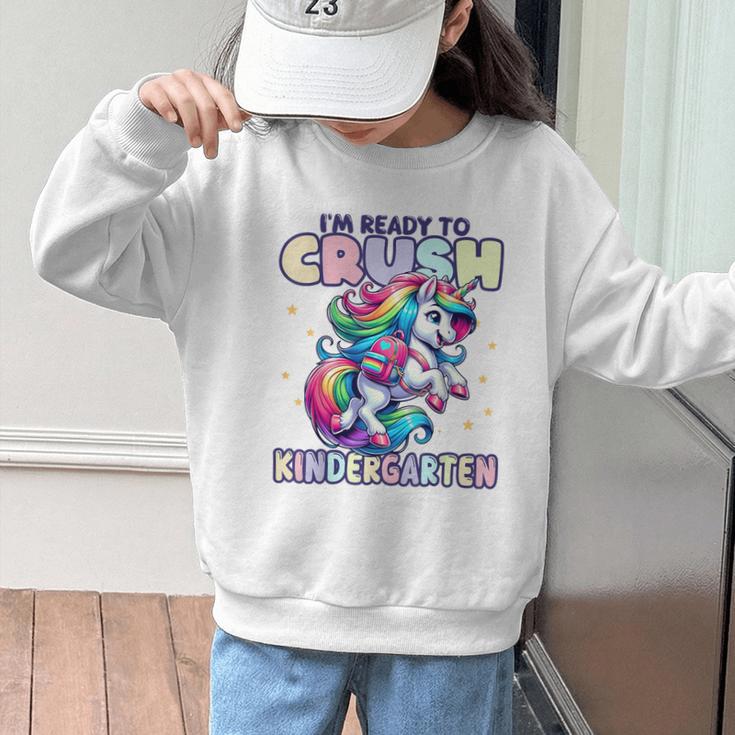 Crush Kindergarten Girls Back To School Unicorn First Day Graphic Kid Sweatshirt Crush Kindergarten Girls Back To School Unicorn First Day Graphic Kid Sweatshirt