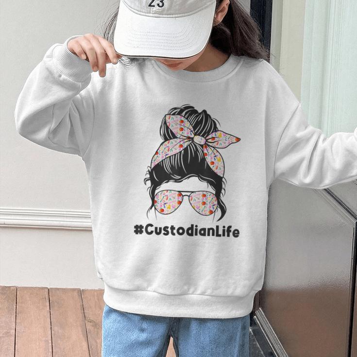 Custodian Life Messy Bun Hair Glasses Leopard Back To School Graphic Kid Sweatshirt Custodian Life Messy Bun Hair Glasses Leopard Back To School Graphic Kid Sweatshirt