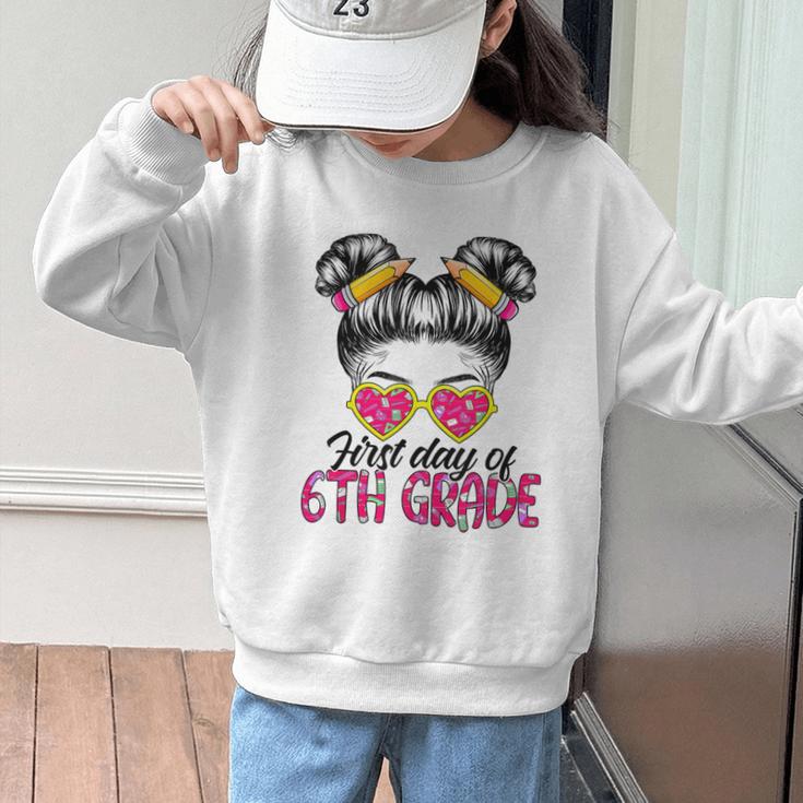 First Day Of 6th Grade Messy Hair Bun Girl Back To School Graphic Kid Sweatshirt First Day Of 6th Grade Messy Hair Bun Girl Back To School Graphic Kid Sweatshirt