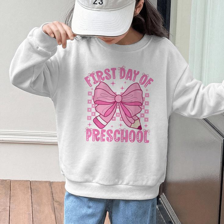 First Day Of Preschool Coquette Bow Back To School Girls Graphic Kid Sweatshirt First Day Of Preschool Coquette Bow Back To School Girls Graphic Kid Sweatshirt