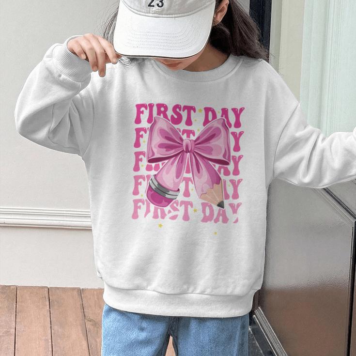 First Day Of School Girls Coquette Bow Back To School Performance Graphic Kid Sweatshirt First Day Of School Girls Coquette Bow Back To School Performance Graphic Kid Sweatshirt