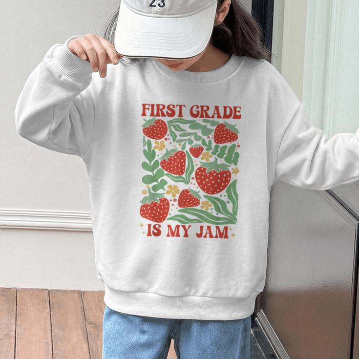 First Grade Is My Jam Boho Floral Strawberry Back To School Graphic Kid Sweatshirt First Grade Is My Jam Boho Floral Strawberry Back To School Graphic Kid Sweatshirt