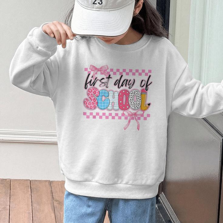 Girl First Day Of School Coquette Bow Pink Back To School Graphic Kid Sweatshirt Girl First Day Of School Coquette Bow Pink Back To School Graphic Kid Sweatshirt