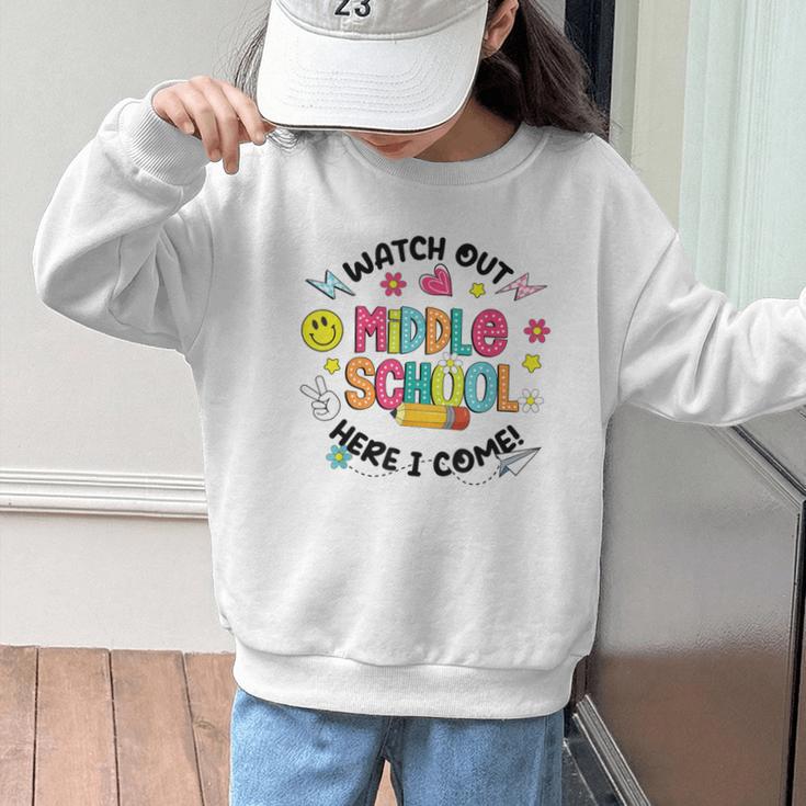 Groovy Watch Out Middle School Here I Come Back To School Graphic Kid Sweatshirt Groovy Watch Out Middle School Here I Come Back To School Graphic Kid Sweatshirt