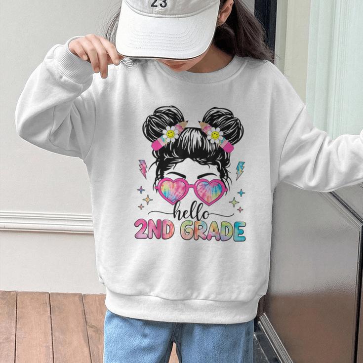 Hello 2nd Grade Messy Bun Girl Back To School First Day Graphic Kid Sweatshirt Hello 2nd Grade Messy Bun Girl Back To School First Day Graphic Kid Sweatshirt