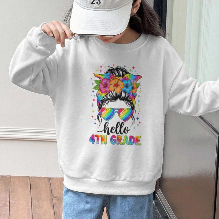 Hello 4th Grade Messy Bun Girls Back To School First Day Graphic Kid Sweatshirt Hello 4th Grade Messy Bun Girls Back To School First Day Graphic Kid Sweatshirt