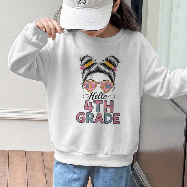 Hello 4th Grade Messy Bun Hair Back To School Girls Graphic Kid Sweatshirt Hello 4th Grade Messy Bun Hair Back To School Girls Graphic Kid Sweatshirt