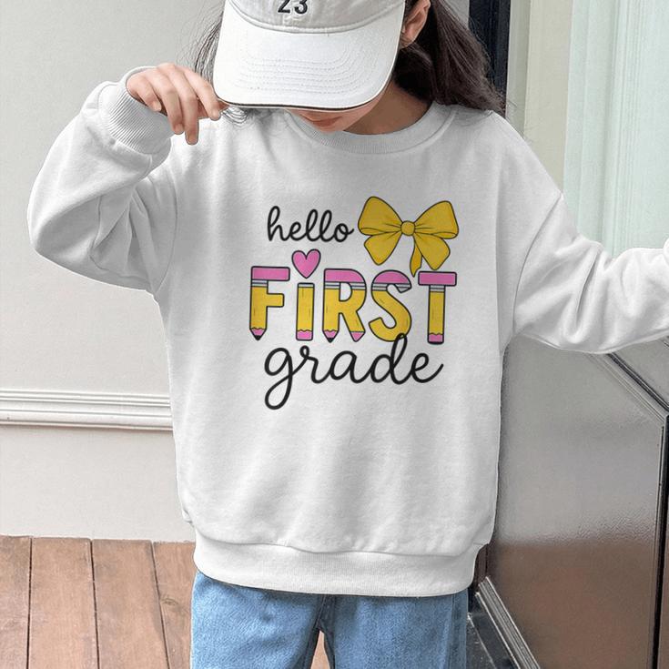 Hello First Grade For Girls Boys Cute Back To School Pencil Graphic Kid Sweatshirt