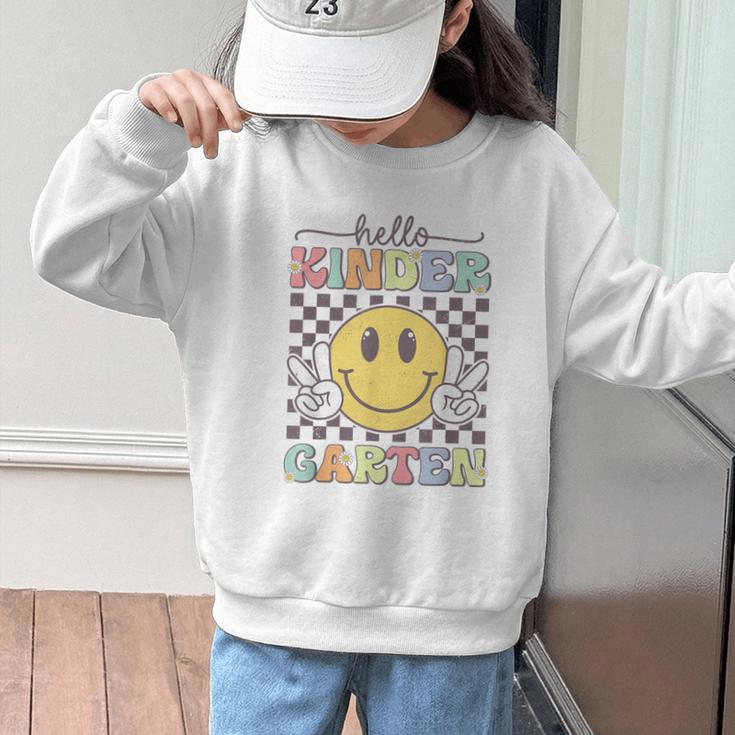Hello Kindergarten Hippie Smile Face Back To School Graphic Kid Sweatshirt Hello Kindergarten Hippie Smile Face Back To School Graphic Kid Sweatshirt