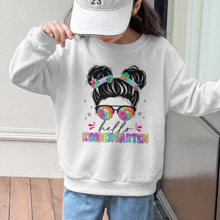 Hello Kindergarten Shirt Messy Bun Tie Dye Back To School Graphic Kid Sweatshirt Hello Kindergarten Shirt Messy Bun Tie Dye Back To School Graphic Kid Sweatshirt