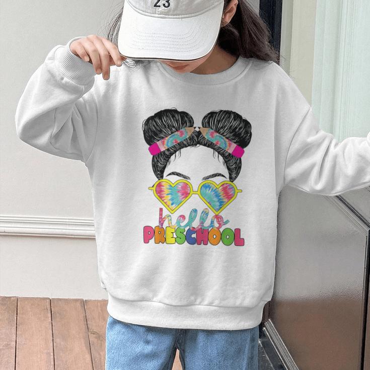 Hello Preschool Messy Bun Tie Dye Back To School Girls Kids Graphic Kid Sweatshirt