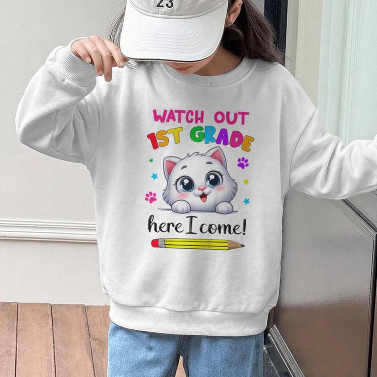 Kids Watch Out 1st Grade Here I Come Girls Cat Back To School Graphic Kid Sweatshirt