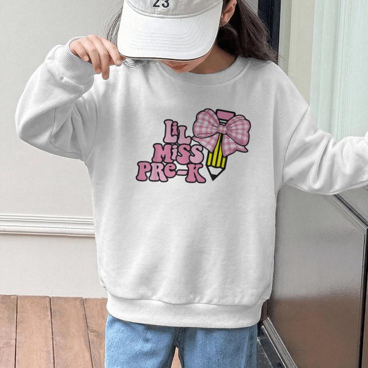 LiL Miss Pre-K Back To School Girls Coquette Bow First Day Graphic Kid Sweatshirt LiL Miss Pre-K Back To School Girls Coquette Bow First Day Graphic Kid Sweatshirt