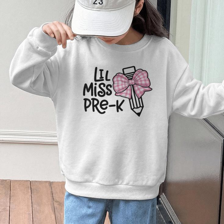 LiL Miss Pre-K Cute Back To School Pink Y2k Coquette Bow Graphic Kid Sweatshirt LiL Miss Pre-K Cute Back To School Pink Y2k Coquette Bow Graphic Kid Sweatshirt